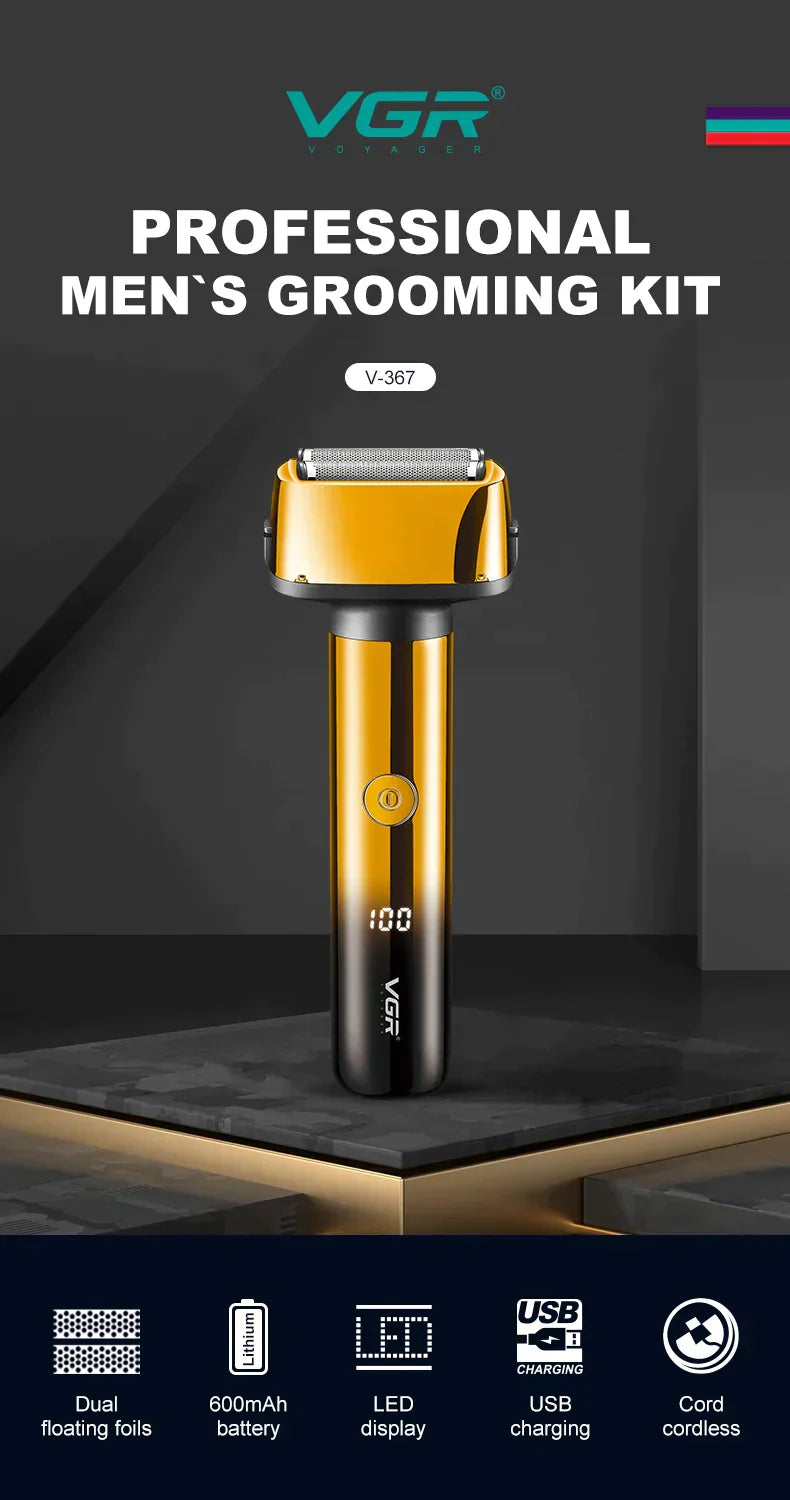 VGR 3 IN 1 Beard Shaver LED Display Eyebrows Trimmer Rechargeable Electric Shaver 0mm Shaving Machine for Men V-367