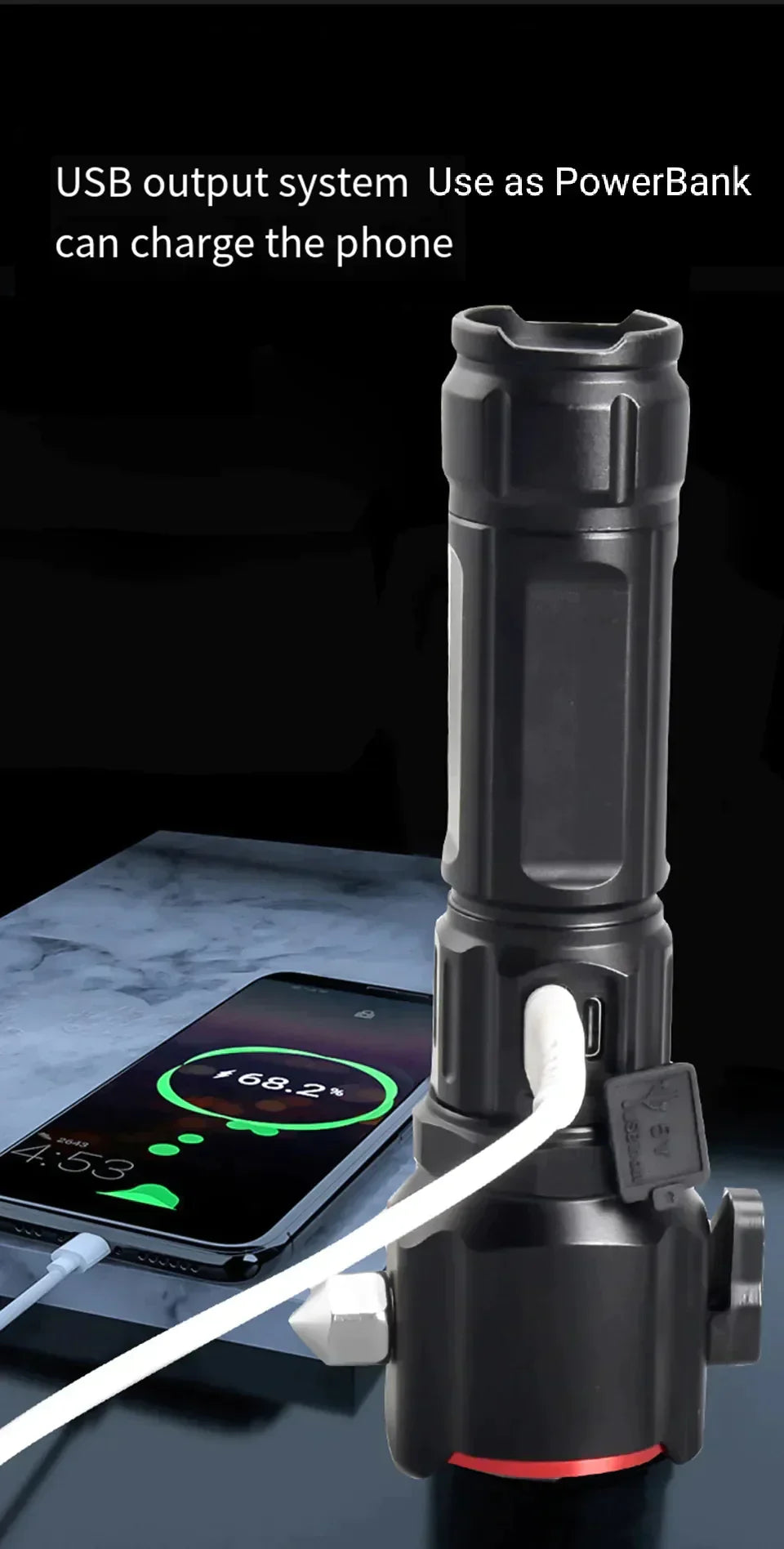 1-KM High Power Torch FlashLight With Hammer Cutter & PowerBank